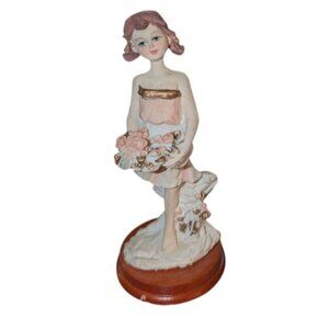 Vintage UCGC Wood Base Brown Hair Girl Child with Flowers Porcelain Figurine 80s